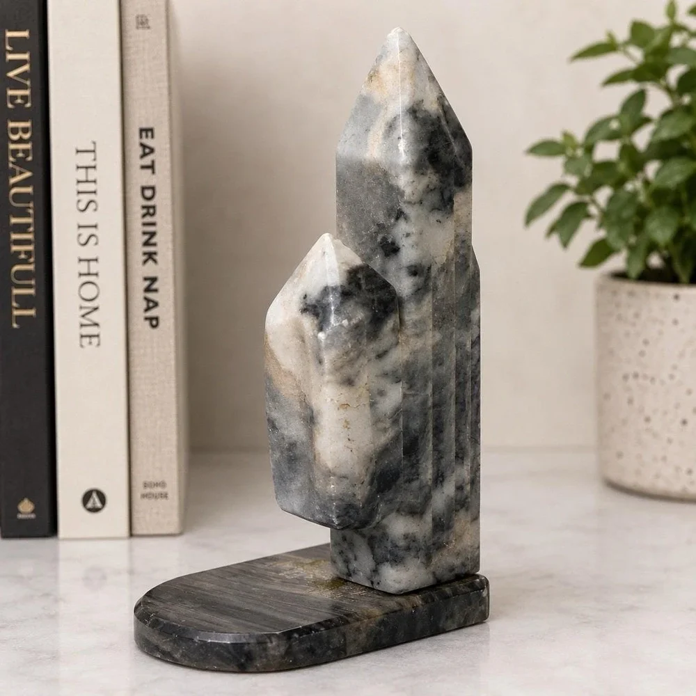 Vintage Marble Stone Obelisk Bookend Gray White Natural Stone Decor 7.5